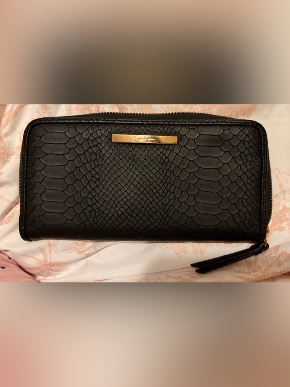 Jessica Simpson Black Snakeskin Zip-Around wallet with Gold Accent